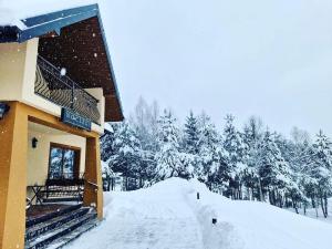 ein schneebedecktes Gebäude mit Bäumen im Hintergrund in der Unterkunft Osada Modrzewiowe Wzgórze -Bieszczady, Wańkowa in Ustrzyki Dolne