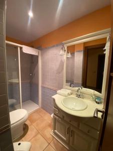 een badkamer met een wastafel, een toilet en een douche bij Casa los 8 caños in Ezcaray