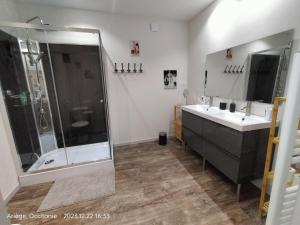 a bathroom with a shower and a sink at L'école buissonnière in Laroque-dʼOlmes