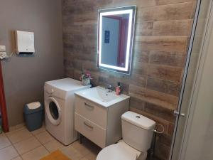 ein Badezimmer mit einem WC, einem Waschbecken und einem Spiegel in der Unterkunft Le patio de Mimi in Oisy-le-Verger
