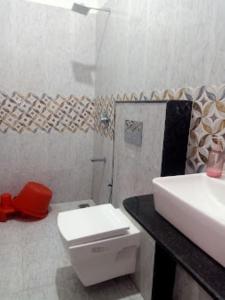 een badkamer met een wit toilet en een wastafel bij Hotel Seven View Durg in Durg