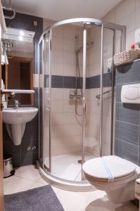 uma casa de banho com um chuveiro, um WC e um lavatório. em Vucko Apartman 405 em Jahorina