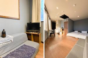 two photos of a room with two beds and a television at Tomi Home 2F in Tokyo