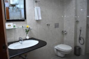 Hotel Yaiphabaa , Imphal في امفال: حمام مع حوض ومرحاض ومرآة