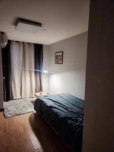 a bedroom with a blue bed and a window at Urban Space Gangnam station in Seoul