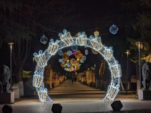 博爾若米的住宿－Borjomi Home，夜间用圣诞灯装饰的门