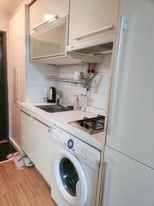 eine Küche mit einer Waschmaschine und einem Waschbecken in der Unterkunft Urban Space Gangnam station in Seoul