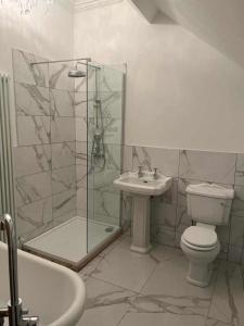 e bagno con doccia, servizi igienici e lavandino. di Ridley House Apartments a Yarm