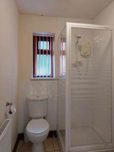 a white bathroom with a toilet and a shower at Caer Dderwen Oak Field family home in Dolgellau in Dolgellau