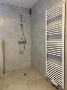 a shower with a glass door in a bathroom at Landblick 4 - Luxusferienhaus für bis zu 7 Personen in Norddeich