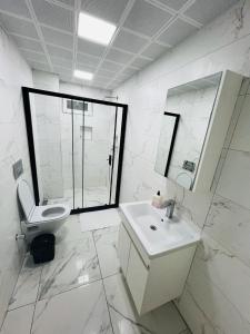 a bathroom with a sink and a toilet and a mirror at Seref Hotel in Yalova