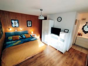 a bedroom with a bed and a tv in it at Tara in Wisła