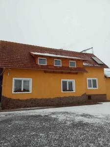 a yellow house with three windows on a street at Narcise kulcsoshaz in Joseni