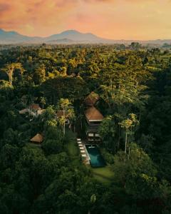 an aerial view of a house in the jungle at Alila Ubud in Ubud