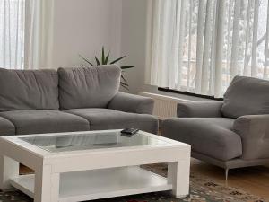 a living room with a couch and a coffee table at Villa NOVA Cozy and Modern -5 min from center in Bran