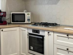 a kitchen with a stove top oven next to a microwave at Villa NOVA Cozy and Modern -5 min from center in Bran