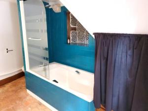 baño con bañera con pared azul en Dupplex, centre ville, en Blois 11 fotos más