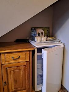 a small kitchen with a small refrigerator and a counter at Willa Wisienka in Zakopane