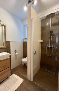 La salle de bains est pourvue d'une douche, de toilettes et d'un lavabo. dans l'établissement Apartmány Bobrík, à Liptovský Mikuláš