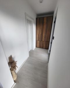 a hallway with white walls and a wooden door at Duos West in Soko Banja