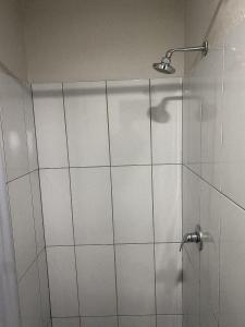 a shower with a glass door with a shower head at At Home Maboneng in Johannesburg