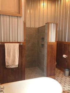 uma casa de banho com um chuveiro e uma banheira em Church Bells em Wyalusing