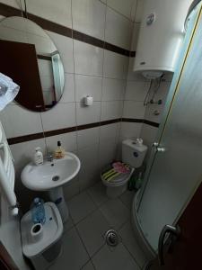 a bathroom with a sink and a toilet and a mirror at Space Apartments in Raška