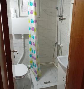 een badkamer met een toilet en een douchegordijn bij Apartman Žujan in Divčibare