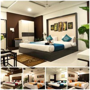 1 dormitorio con 1 cama grande con almohadas azules en Hotel Crown, en Rajkot