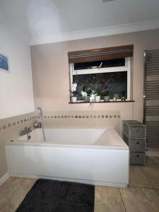 a white bath tub in a bathroom with a window at House in Lisburn road in Belfast