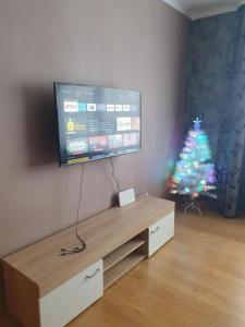 a living room with a tv and a christmas tree at Salaspils Apartament 2023 in Salaspils