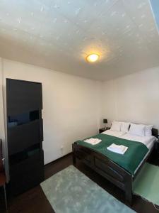 een slaapkamer met een groot bed en een groene deken bij Apartament Borsec in Borsec
