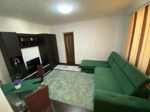 een woonkamer met een groene bank en een tafel bij Apartament Borsec in Borsec