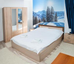 a bedroom with a bed with a view of a mountain at JollyKop Apartments in Kopaonik
