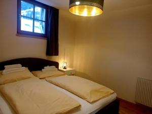 1 dormitorio con 2 camas y ventana en Dorf.Apart, en Neustift im Stubaital