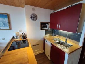 una pequeña cocina con armarios rojos y fregadero en Paradiski proche des pistes vallandry, en Landry