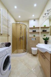 uma casa de banho com uma máquina de lavar roupa e um lavatório em Apartament z dziedzińcem koło rzeki em Ełk