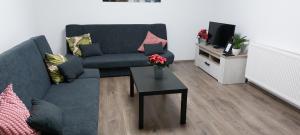 a living room with a blue couch and a table at Apartman Megolina in Varaždin