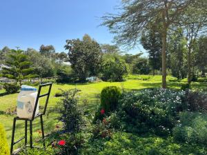 un jardin avec une chaise et des fleurs dans un champ dans l'établissement Lulunga Eco Lounge and Farm, à Narok