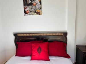 1 cama con almohadas rojas y una foto en la pared en Chez Yahia, Au coeur de L'Ourika, en Ourika