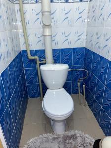 ein Badezimmer mit einem WC mit blauen und weißen Fliesen in der Unterkunft Квартира в центре города,в ЖК Куралай in Qysylorda