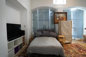 a bedroom with a bed and a flat screen tv at Large Kamara Studio in Nicosia