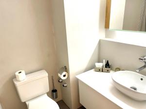 a bathroom with a white toilet and a sink at Apartment Gstaaderhof in Gstaad