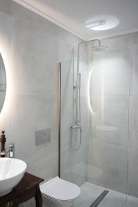 uma casa de banho com um chuveiro, um WC e um lavatório. em Guesthouse Doma em Arachova