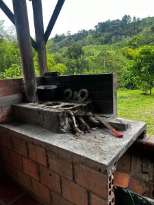 聖羅莎德卡瓦爾的住宿－finca en guacas，砖墙,带有烤架,带有工具