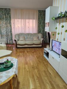 a living room with a couch and a television at Apartman SM in Sremska Mitrovica
