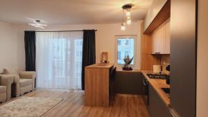 a kitchen and living room with a couch and a window at Save Relaxing Residence Brasov in Braşov