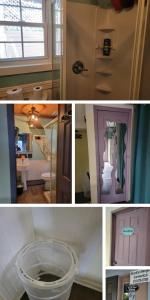 a collage of four pictures of a bathroom with a door at Rock Pad AirBnB in New Haven