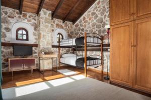 a bedroom with two bunk beds and a tv at Parnassus Woodstone Chalet in Áno Polídhrosos