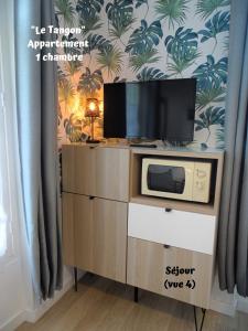 a tv on top of a cabinet with a microwave at Résidence La Hoguette in Saint Malo